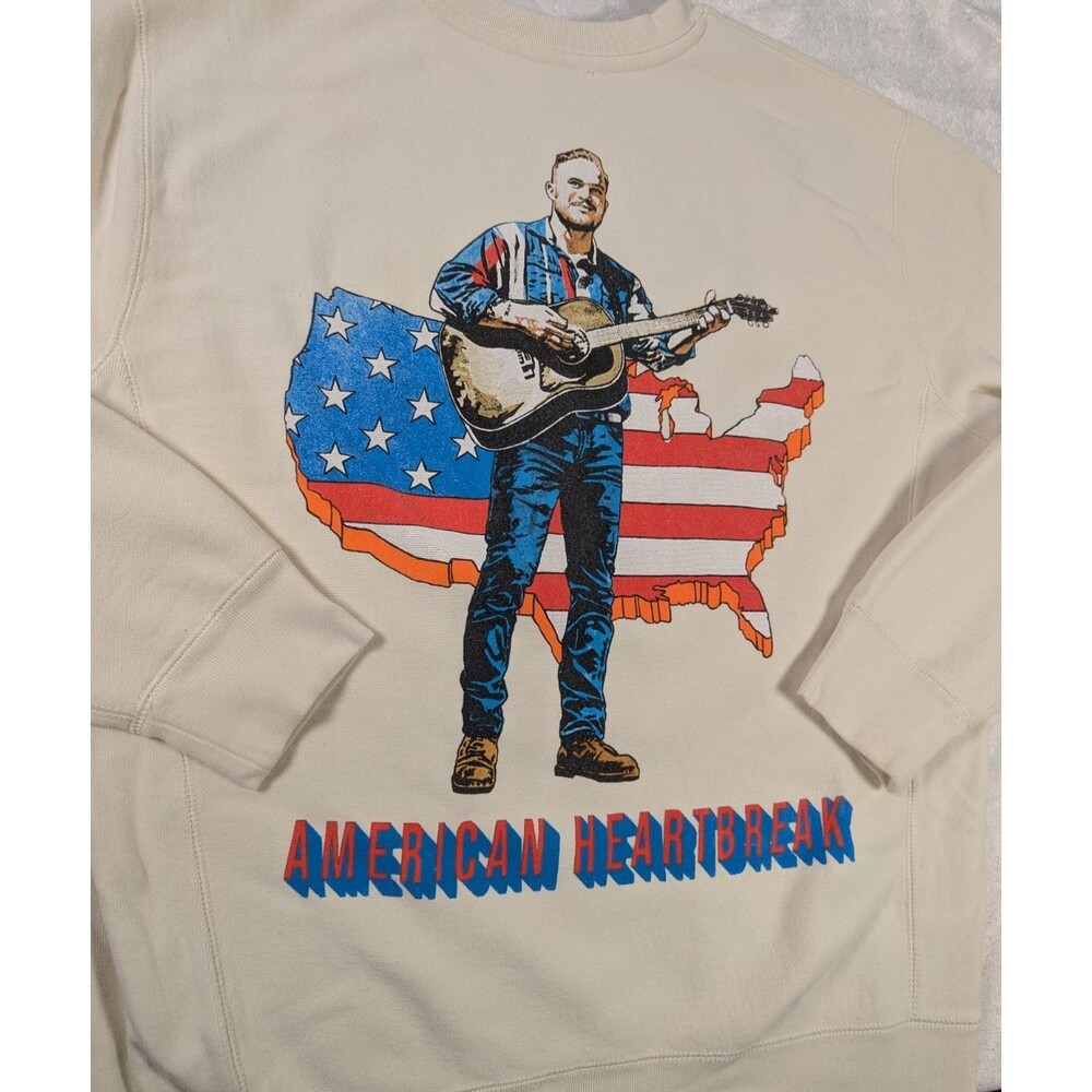 Zach Bryan American Heartbreak Crewneck Sweatshirt Men's Large Cream Graphic
